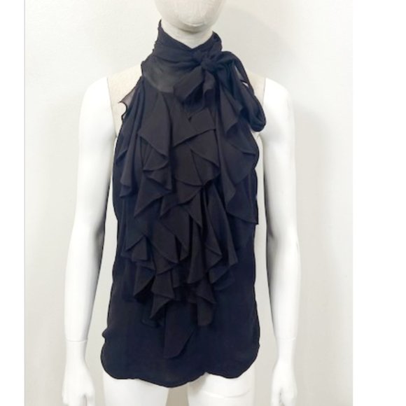 THE J. PETERMAN COMPANY Tops - J PETERMAN BLACK RUFFLED SLEEVELESS SILK BLOUSE 14 XL